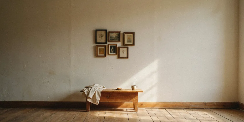 A tight group of five small framed pictures hung low above a bench, with the rest of the plaster walls bare