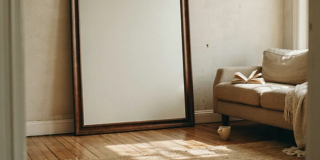 A very large framed mirror leaning against the plaster wall of a small apartment, far bigger than anything else in the room