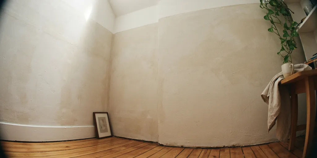 A corner of a small apartment where the wall color runs straight over the ceiling with no visible line where the wall ends
