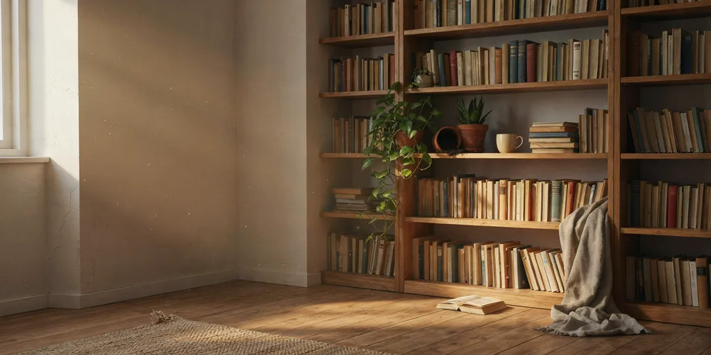 Tall oak shelving packed with books and pots filling one wall of a small apartment while the adjoining walls stay smooth and empty