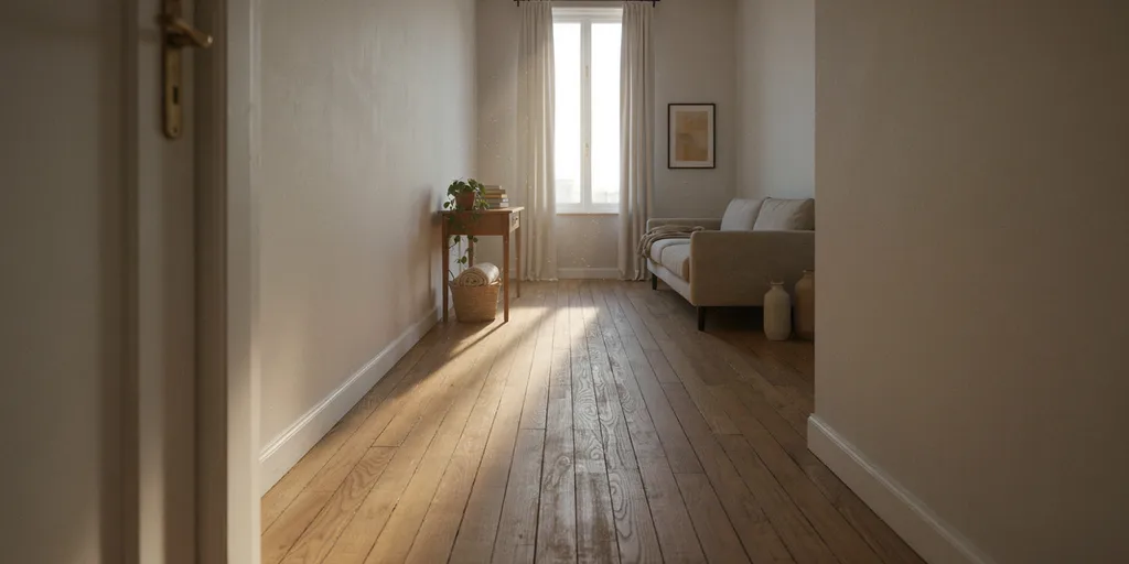 A view through a small apartment in which one continuous oak floor runs through every space with no thresholds or change of material