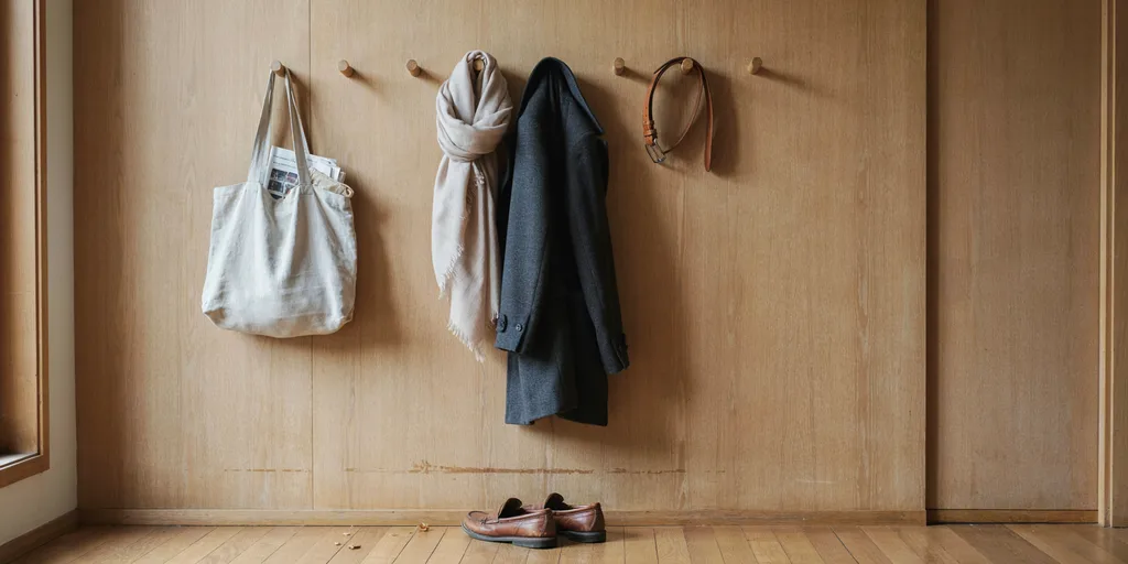 A slim row of oak pegs on the back of an apartment door holding a linen tote, a wool scarf and a coat