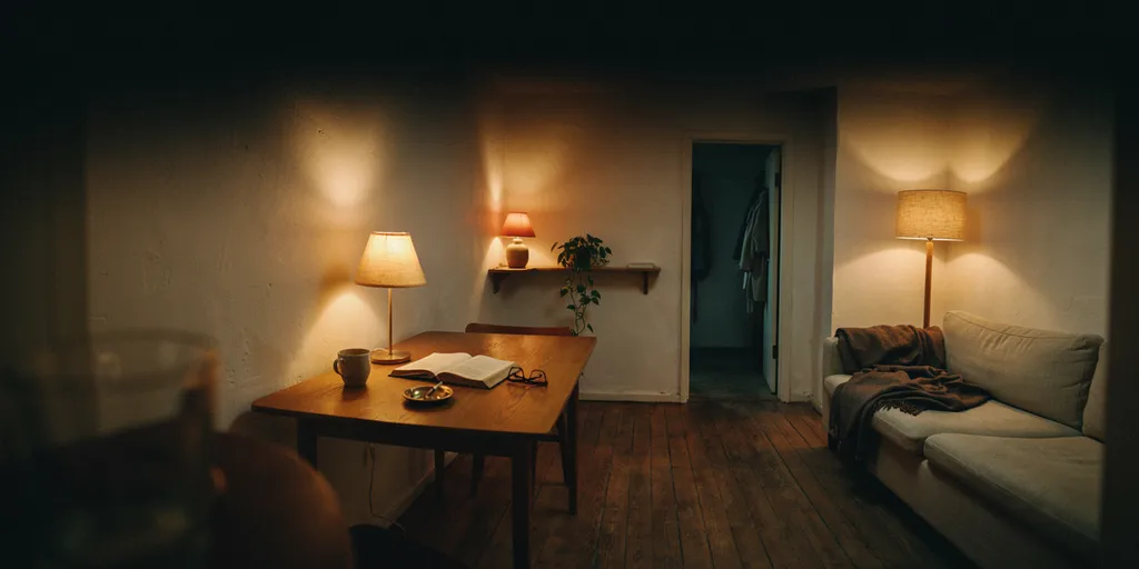A small apartment in the evening lit by a table lamp, a floor lamp and a shelf lamp, all warm, with the ceiling left dark