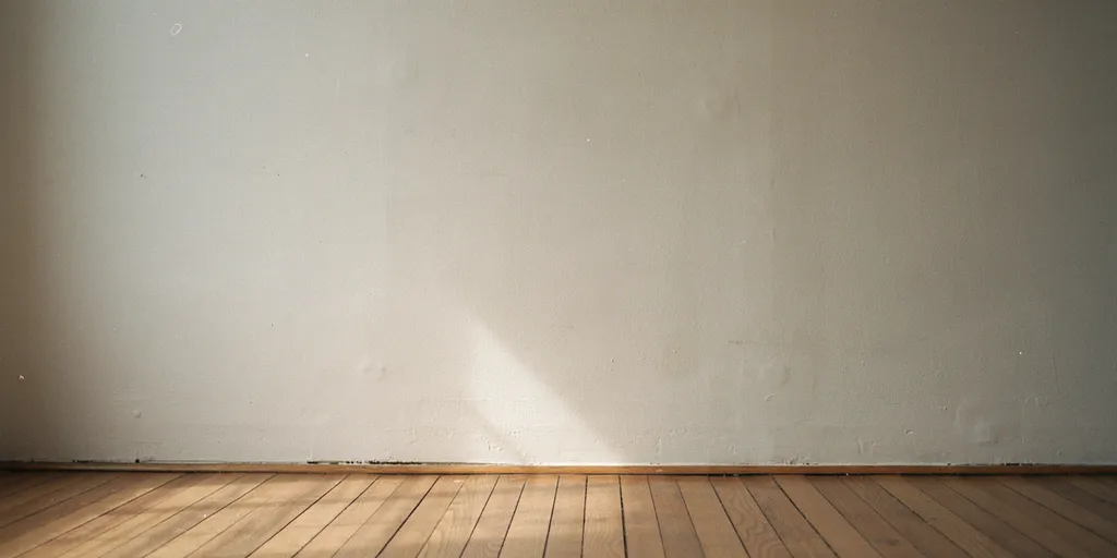 A long bare warm off-white plaster wall running the full width of a small apartment with nothing hung on it