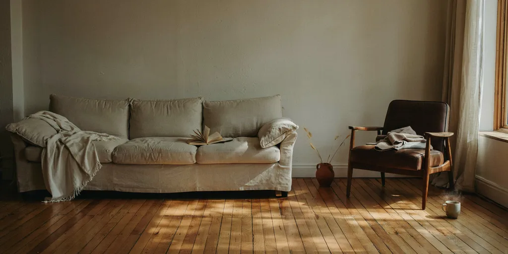 A linen sofa standing a hand's width clear of the plaster wall with a narrow shadow gap behind it, and a walnut armchair turned in from the corner