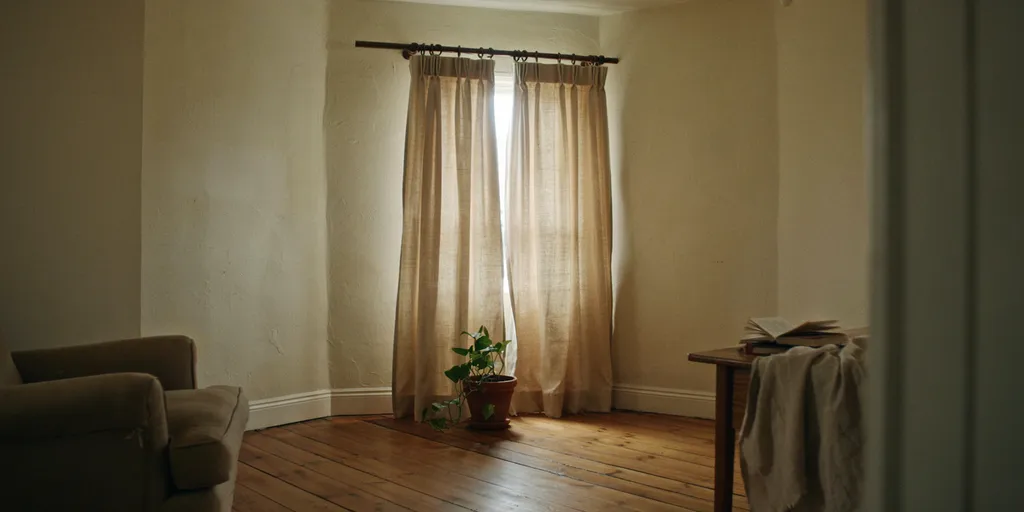 Oat linen curtains hung on a slim dark rod well above the window and falling in long folds to the oak floorboards