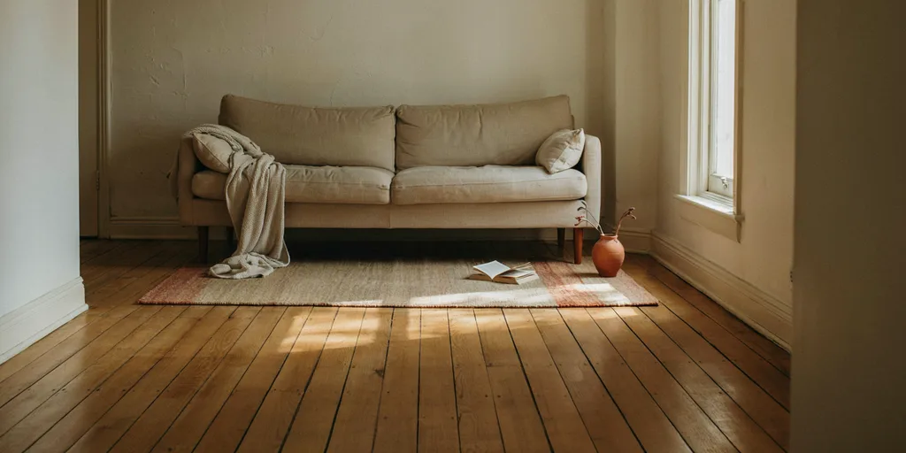 A linen sofa raised on slim walnut legs with clear space beneath it and a wool rug laid so a wide border of oak floorboards shows all around