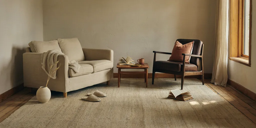 A very large wool rug covering most of the floor with the front legs of a linen sofa and a walnut armchair both standing on it