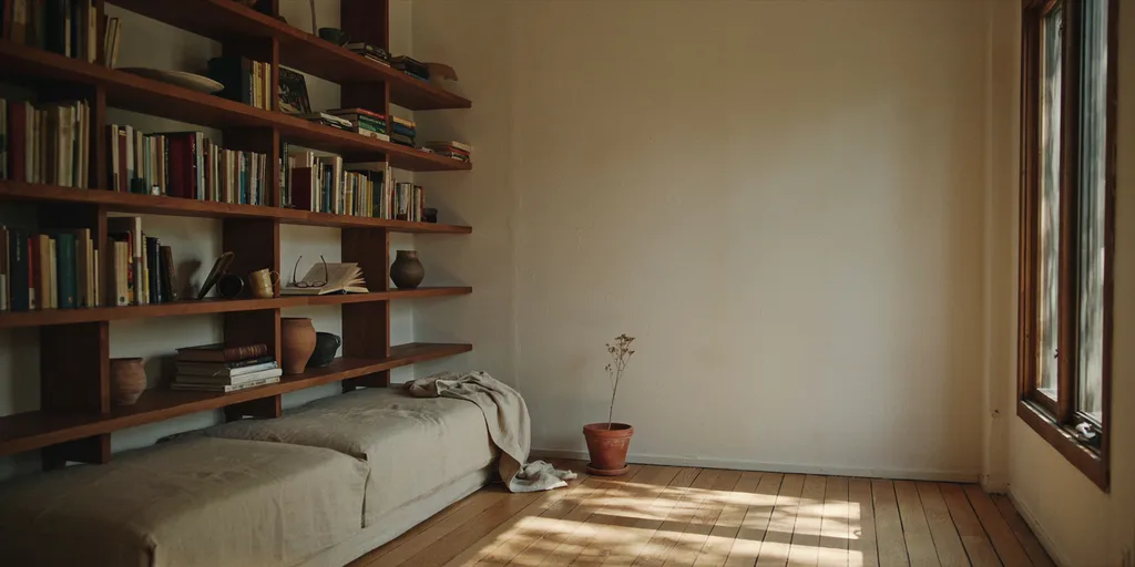 Floor-to-ceiling walnut shelving filling a single wall with books and clay pots, while the adjoining plaster walls stay bare