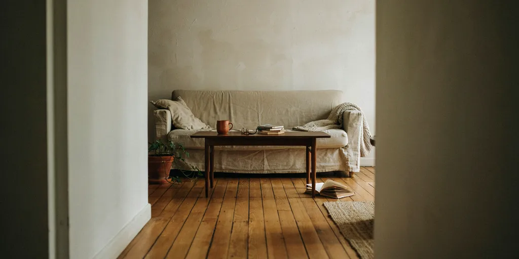 A slim shallow-depth linen sofa with a wide run of clear oak floorboards between it and a low walnut coffee table