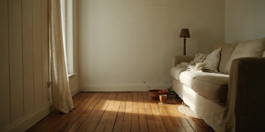 A long clear stretch of swept oak floorboards beside a linen sofa catching the afternoon light, the rest of the room settled and lived-in