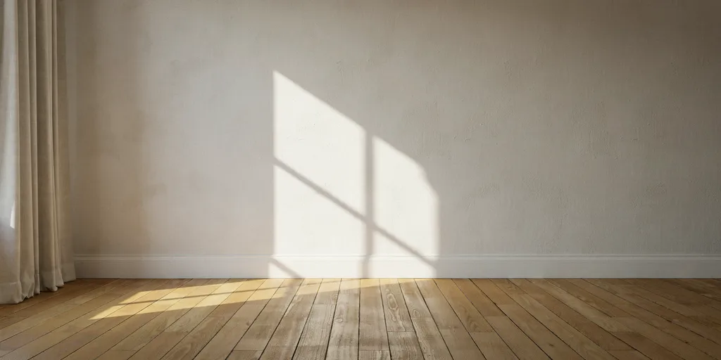 Late afternoon sunlight and a window shadow falling across a bare warm white wall and honey oak floorboards