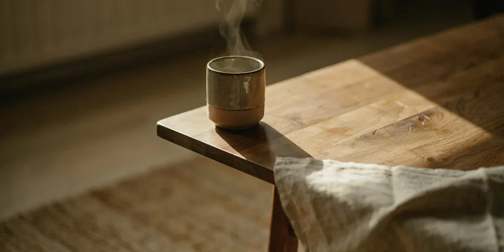 The corner of an oiled oak table with a stoneware mug, a fold of unbleached linen and a wool rug beneath