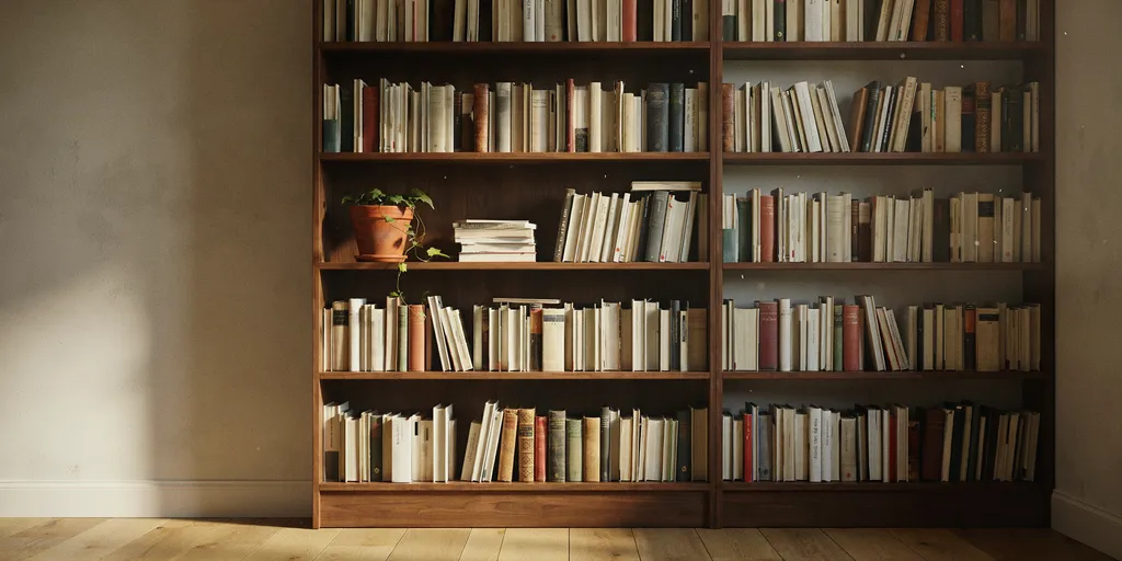 A tall bookcase packed with worn books, the darkest mass in an otherwise pale warm neutral room