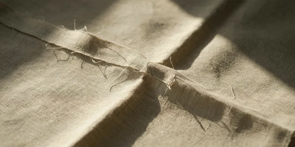 Close up of unbleached oat linen with an open weave, a frayed edge and deep soft creases in raking light