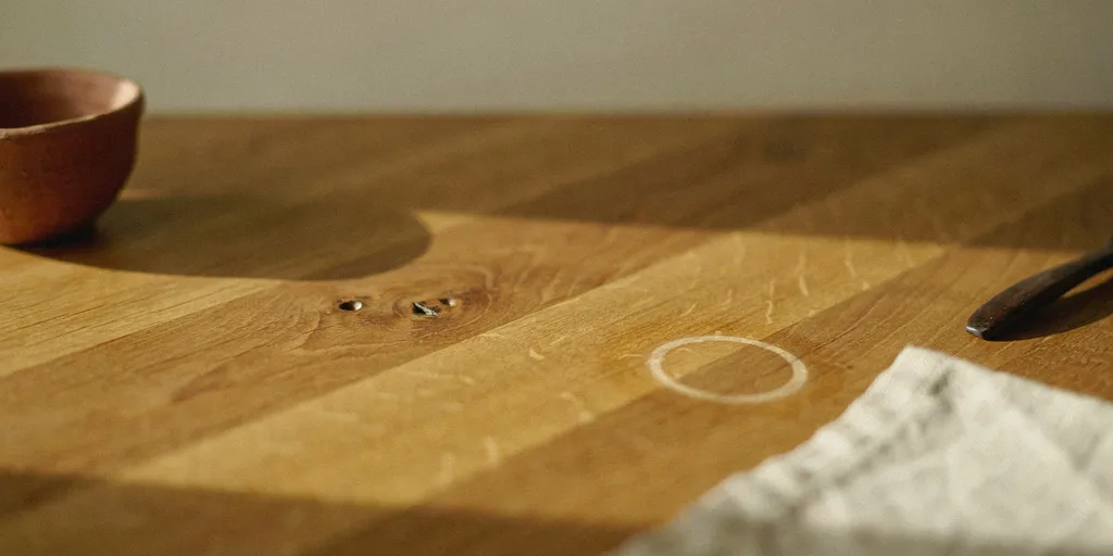 The surface of an oiled oak table showing open grain, small dents and a pale ring left by a glass