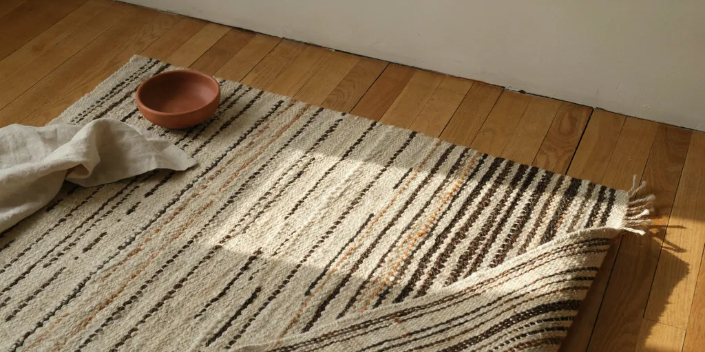 A wool rug on honey oak floorboards with deep visible pile, two undyed shades and a faint stripe