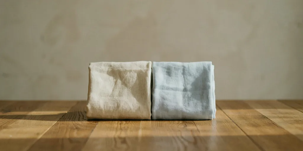 A folded square of warm cream linen beside a folded square of cold blue-white cotton on an oak table