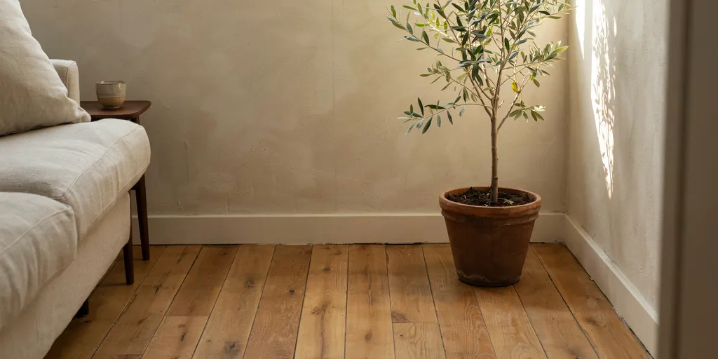 A single olive plant in a heavy terracotta pot on honey oak floorboards beside an oat linen sofa