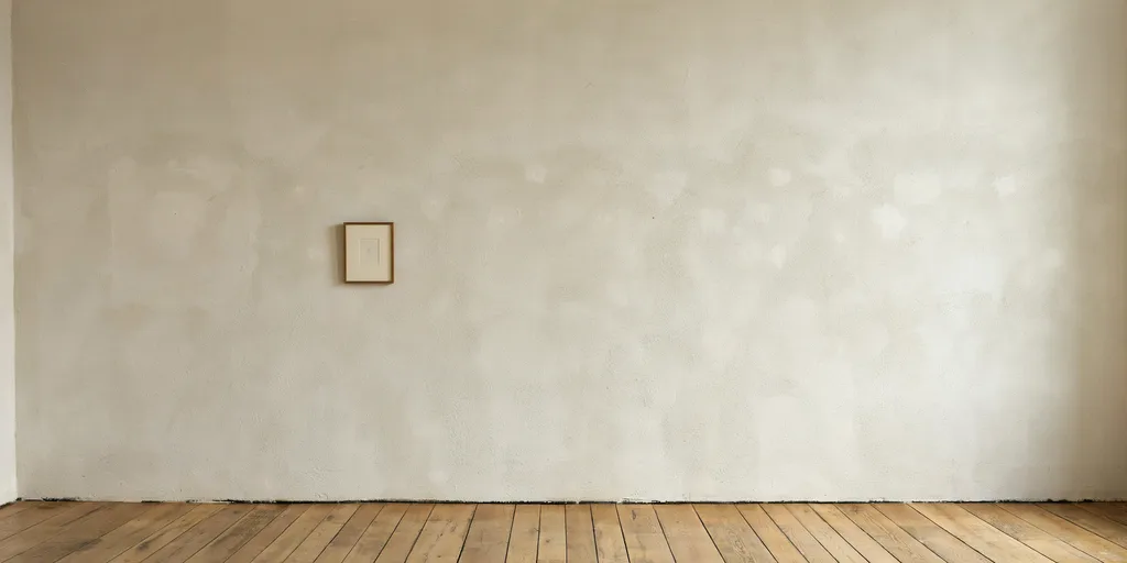A long warm off-white lime plaster wall, almost entirely bare, with one small framed piece hung low