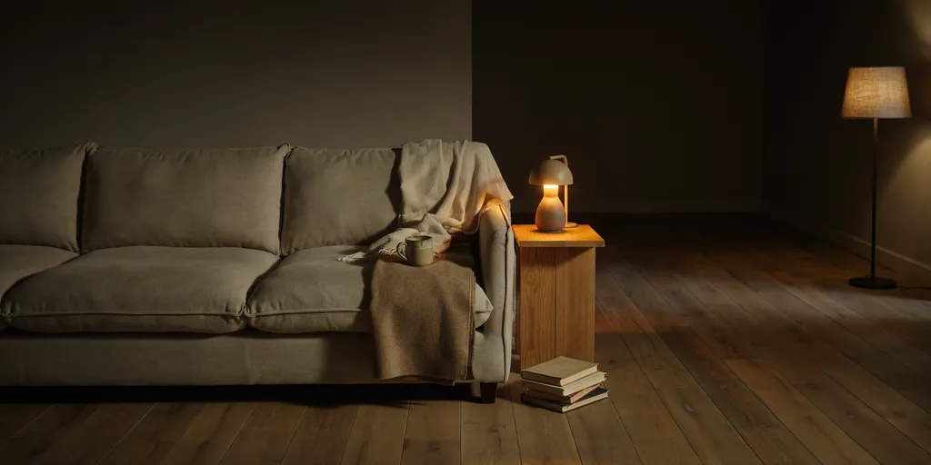 A warm neutral living room after dark lit only by two low lamps, the ceiling left in shadow