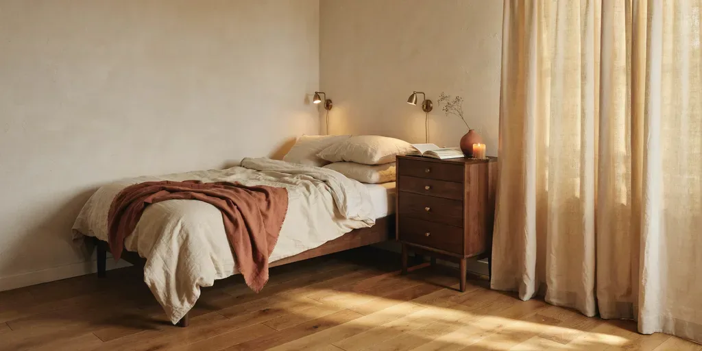 A small bedroom with a double bed against one wall, wall-mounted reading lights, oat linen bedding and a narrow walnut dresser