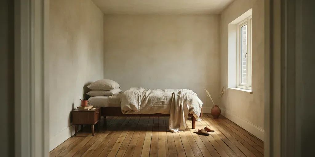 A small bedroom seen from the door with the bed placed against the long wall, leaving a clear path to the window