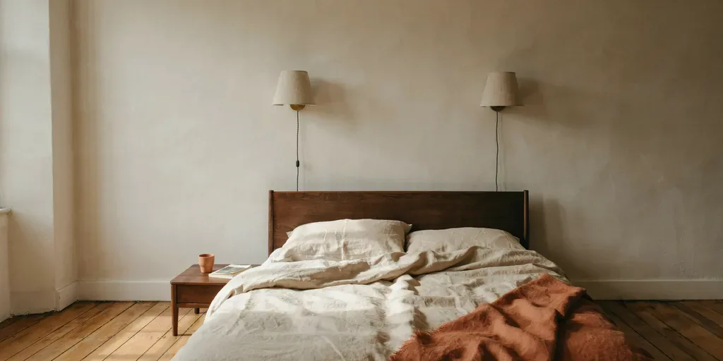 Two small plug-in wall sconces with fabric shades mounted above a bed, cords running neatly down the wall
