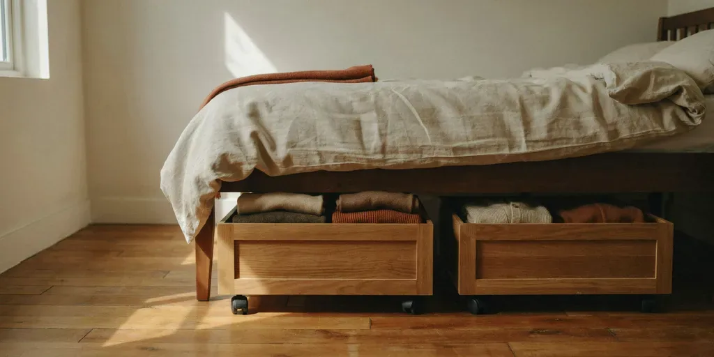 Two wooden storage drawers on casters pulled halfway out from under a bed, holding folded sweaters