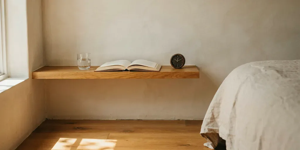 A small floating oak shelf beside a bed holding a glass of water, a book and a small clock