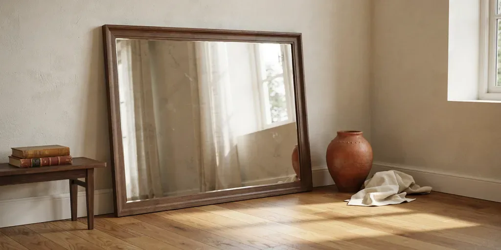 A large wooden-framed floor mirror leaning against a wall opposite a window, reflecting daylight