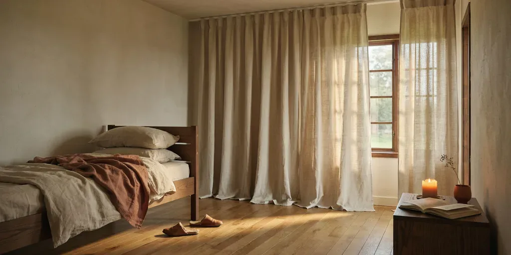 Linen curtains hung from ceiling height and wider than the window frame in a small bedroom