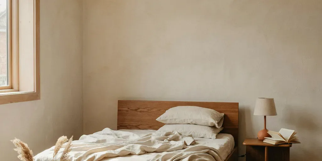 A small bedroom in cream, oat and warm white with one walnut piece, calm and uncluttered