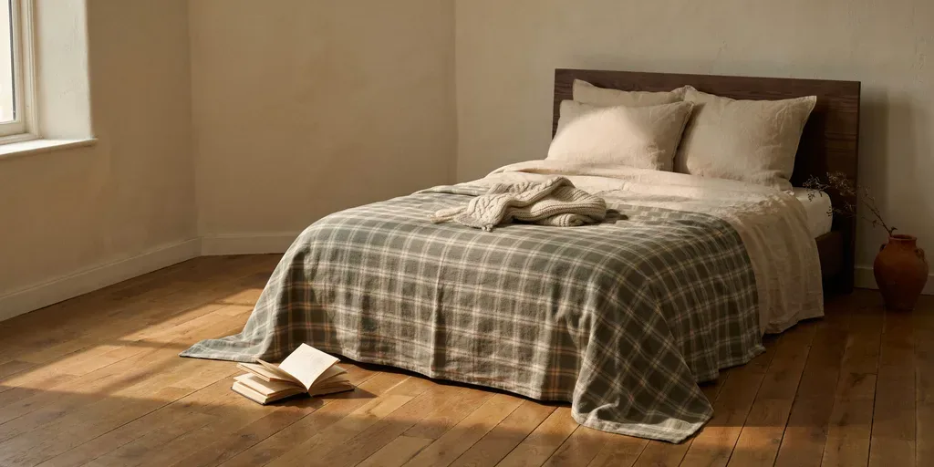 A bed made with oat linen sheets, a muted green and cream plaid flannel duvet cover and a folded knit throw