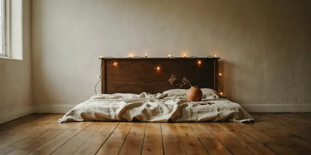 Warm white string lights woven loosely along the top of a wooden headboard, glowing softly