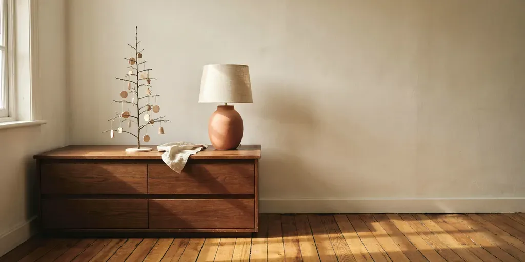 A small tabletop tree with a few wooden ornaments on a walnut dresser beside a ceramic lamp