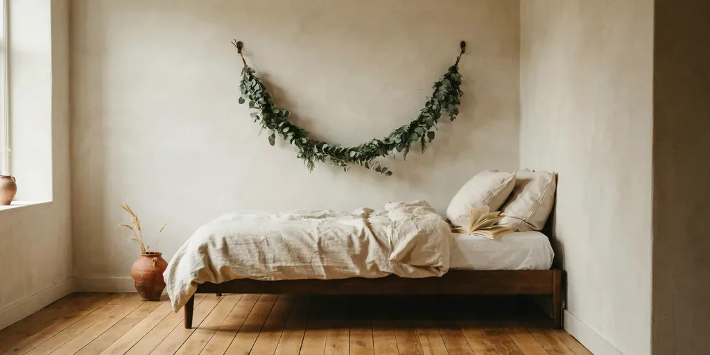 A cedar and eucalyptus garland hung in a gentle swag above the bed on two small hooks