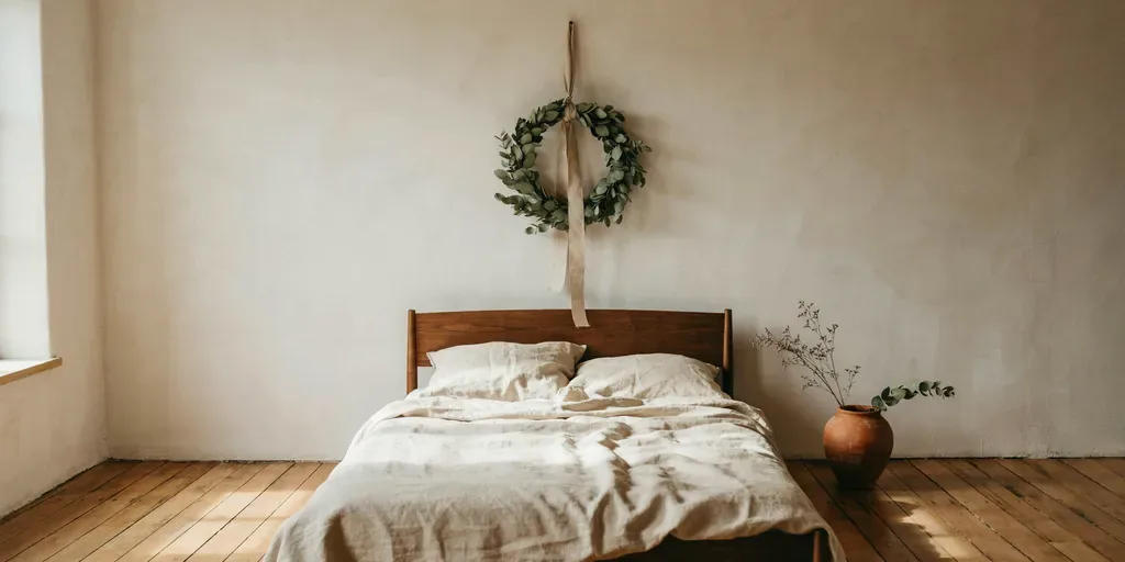 A simple eucalyptus wreath on a long linen ribbon hanging centered above a bed