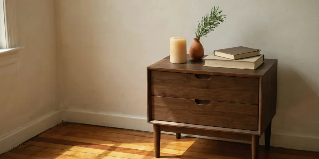 A walnut nightstand with a flameless cream pillar candle, a small sprig of pine in a bud vase and two books