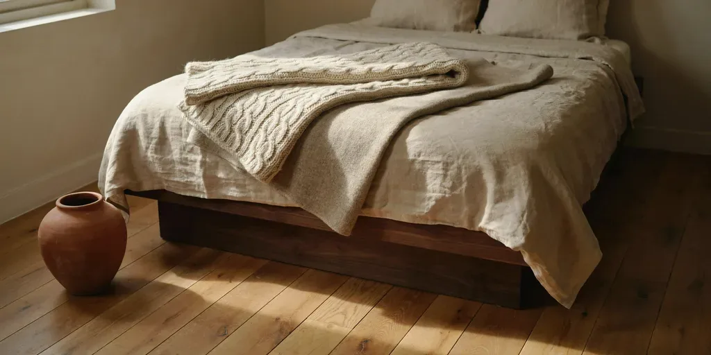 The foot of a bed with a folded chunky cream knit throw and an oatmeal wool blanket layered on top of linen bedding