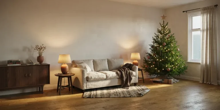 A lived-in living room in the evening with a lit Christmas tree in the corner by the window and a linen sofa with a wool throw