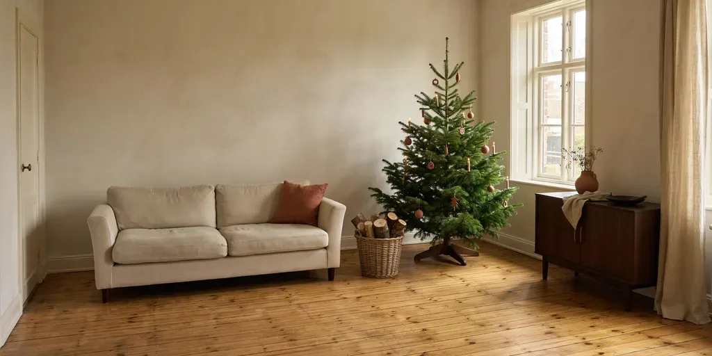 A Christmas tree in the corner beside a tall window, clear of the path from the door to the sofa