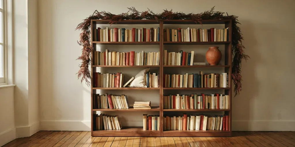 A cedar garland laid along the top of a tall walnut bookshelf with its ends hanging down both sides
