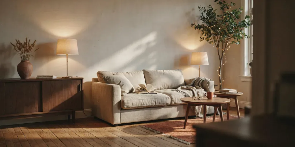 A living room in the evening lit only by two table lamps and warm string lights on a tree