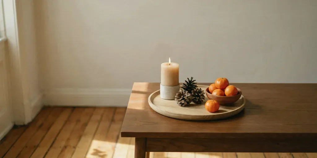 A round wooden tray on an oak coffee table holding a lit pillar candle, pine cones and a bowl of clementines