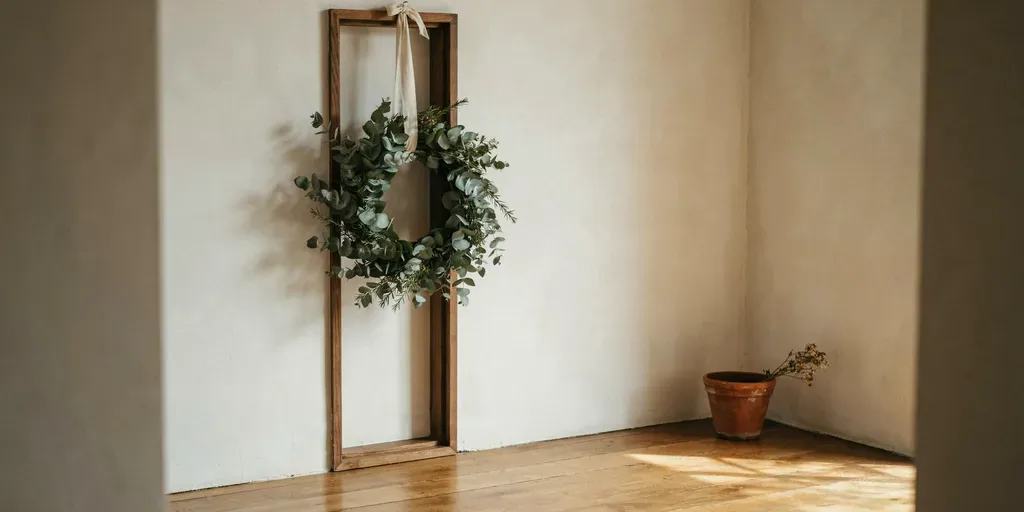 A simple eucalyptus and cedar wreath hung on a linen ribbon inside a tall window frame