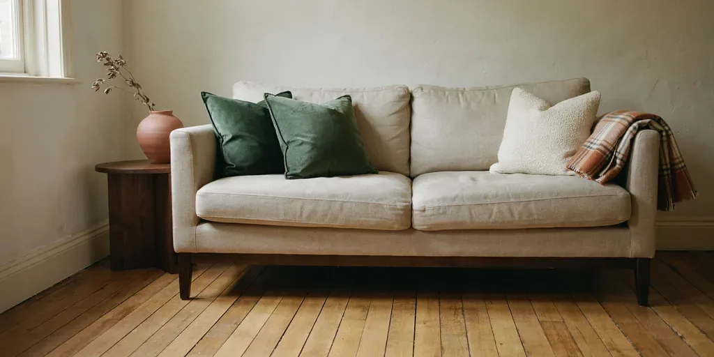 An oat linen sofa with two deep forest green velvet pillows and one cream wool pillow