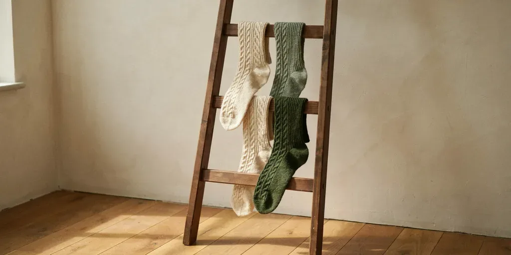 Four knit stockings in cream and green hanging from a wooden ladder leaning against a plaster wall