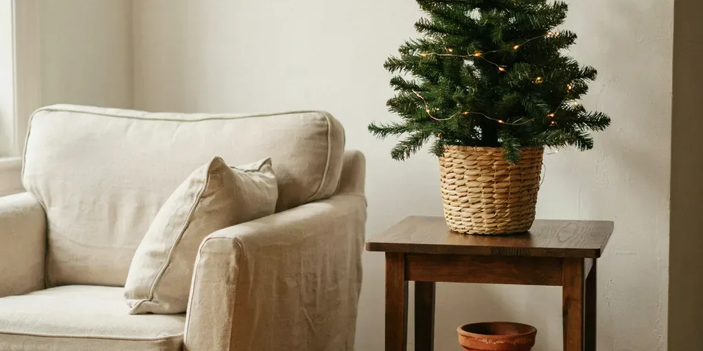 A tabletop Christmas tree in a woven basket on a walnut side table next to an armchair
