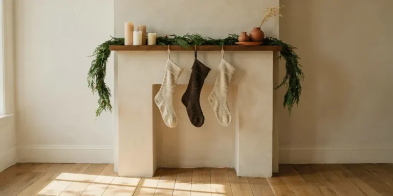 A warm plaster fireplace with a full cedar garland, cream candles of different heights and three knit stockings